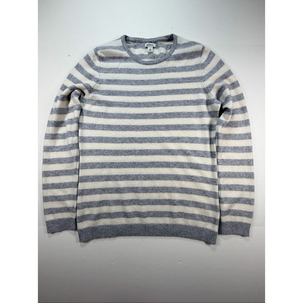 LLBean Women's Classic 100% Cashmere Sweater Ivory Gray Stripe Size Medium